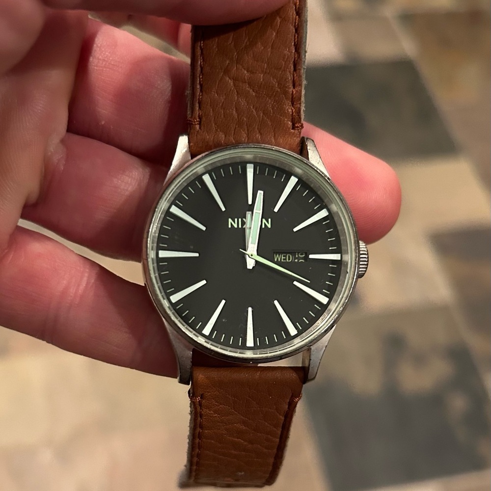 Nixon Sentry Black Dial Watch with Brown Leather Strap